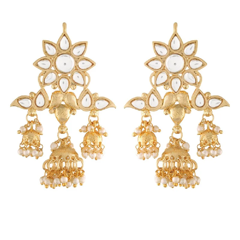 wedding earrings for women-Etnico 18K Gold Plated Traditional Handcrafted Jhumka Earrings Encased with Faux Kundan & Pearl for Women/Girls (E2786W)