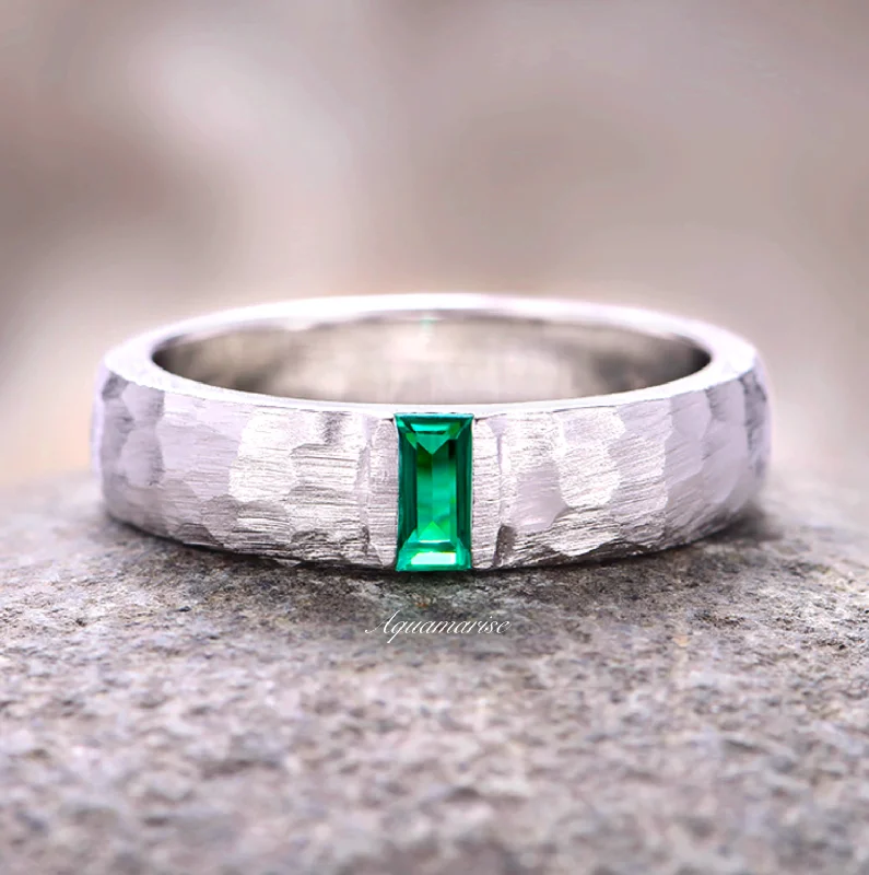 engagement rings with colored diamonds for women-Hammered Emerald Wedding Band- 14K White Gold