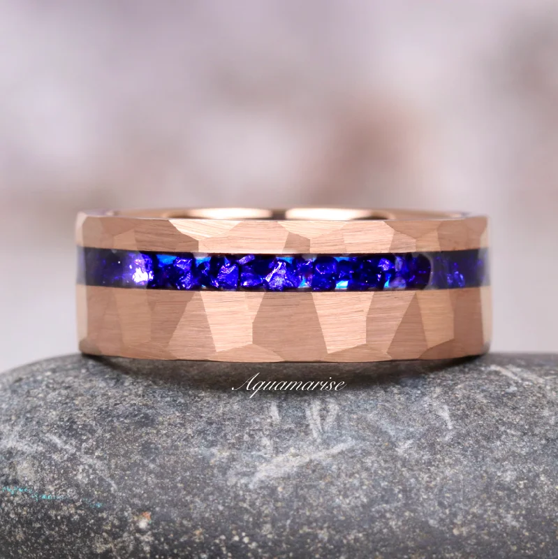 vintage diamond rings for engagement-Crushed Blue Sapphire Wedding Band- 8MM Rose Gold Tungsten