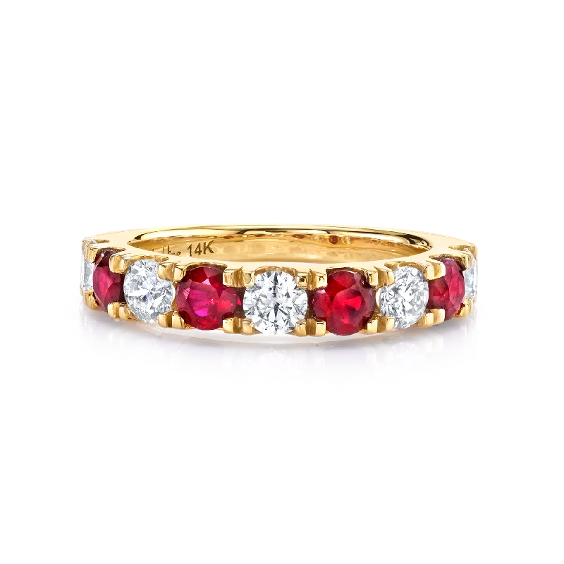 elegant wedding rings for women-Classic Band - White Diamond and Ruby / 14k Yellow Gold