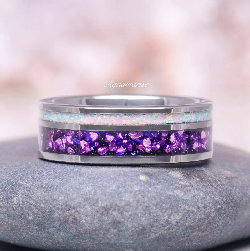 custom platinum engagement rings for women-Galaxy Amethyst & Fire Opal Wedding Band- 8MM Tungsten Carbide