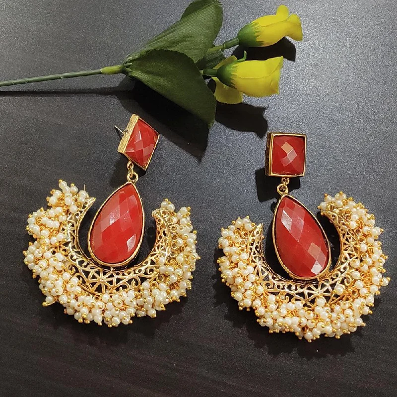 fashion earrings for women-Kriaa Gold Plated Red Stone and Pearl Dangler Earrings - 1316374A