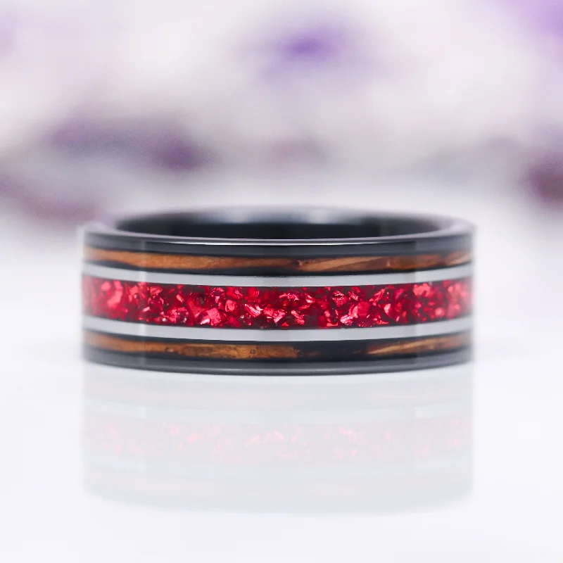 rose gold engagement rings with diamonds for women-Crushed Red Garnet & Redwood Wedding Band - 8MM Black Tungsten