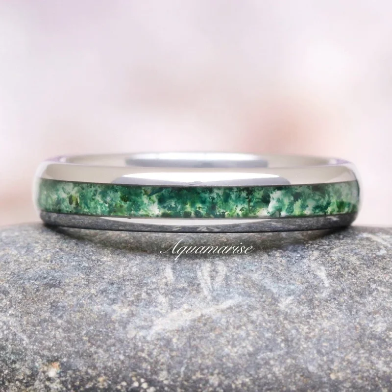 vintage inspired engagement rings for women-Moss Agate Wedding Band- 4MM Tungsten