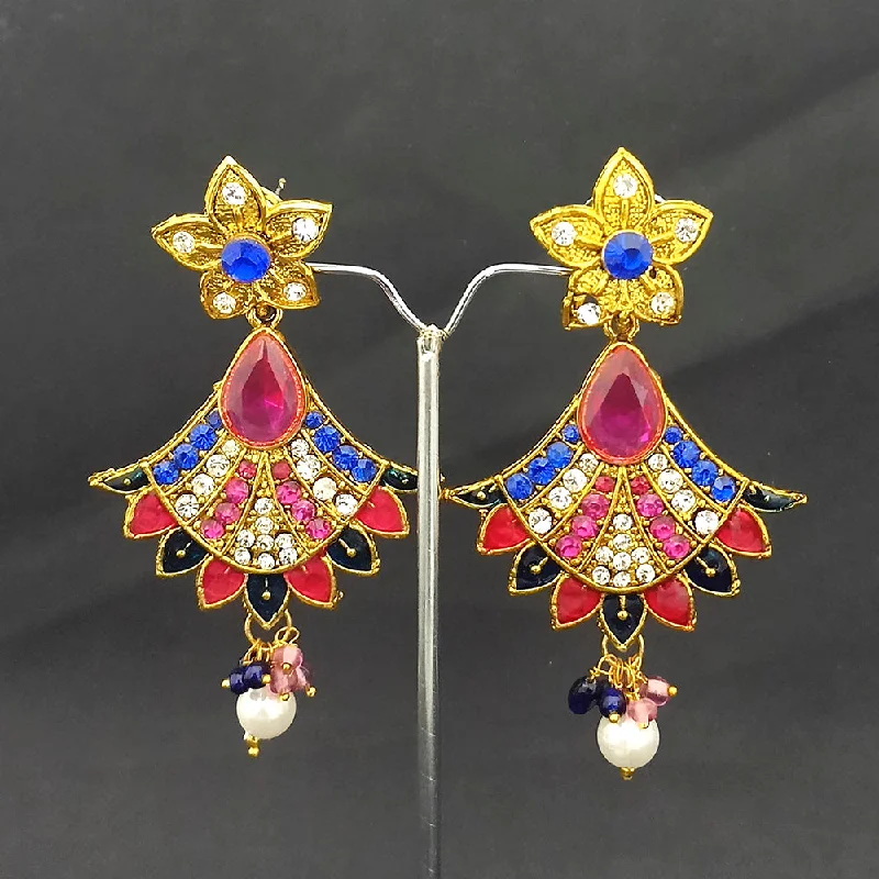 dangling earrings for women-Kriaa Gold Plated Pink & Blue Austrian Stone And Meenakari Dangler earrings