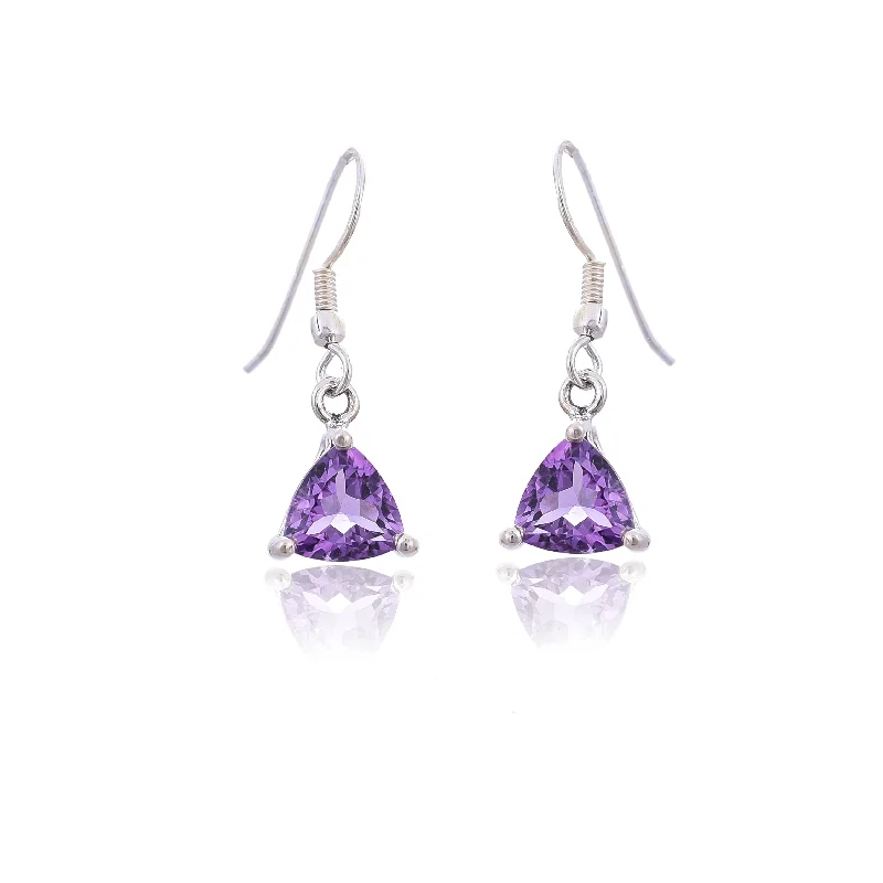 wedding earrings for women-Silver Mountain Trillion shape Amethyst silver hook earring