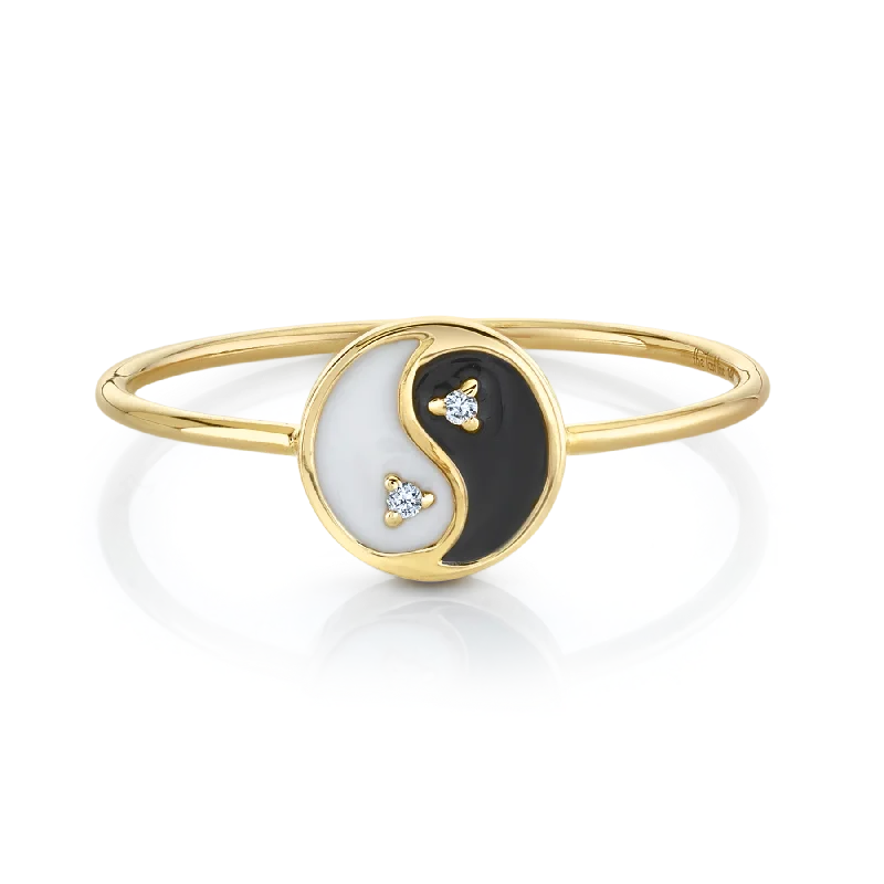 butterfly rings for women-Slim Ring - White Diamond and  Yin Yang / 14k Yellow Gold