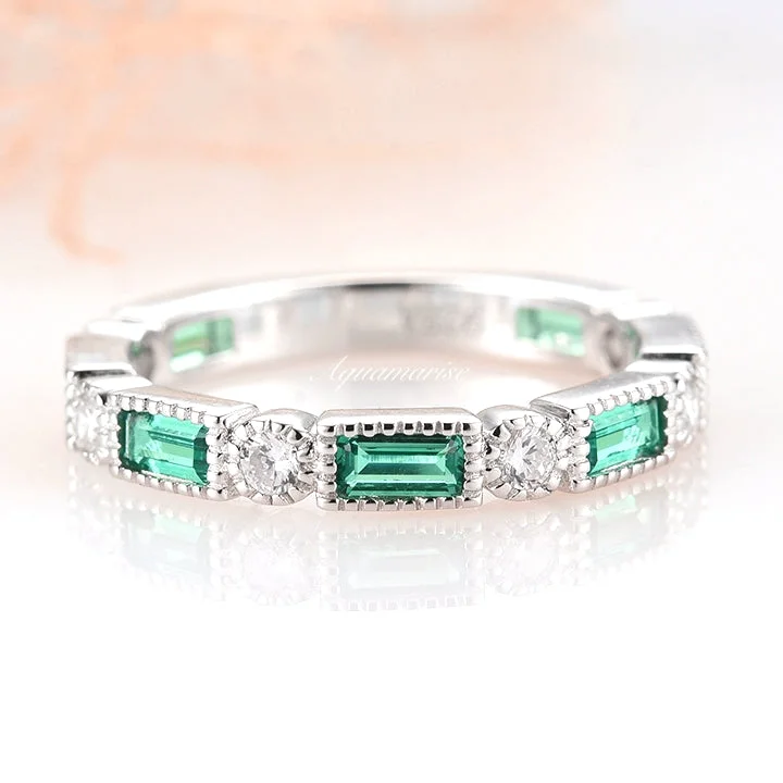 wedding and engagement ring sets for women-Ari Art Deco Emerald Wedding Band- 925 Sterling Silver