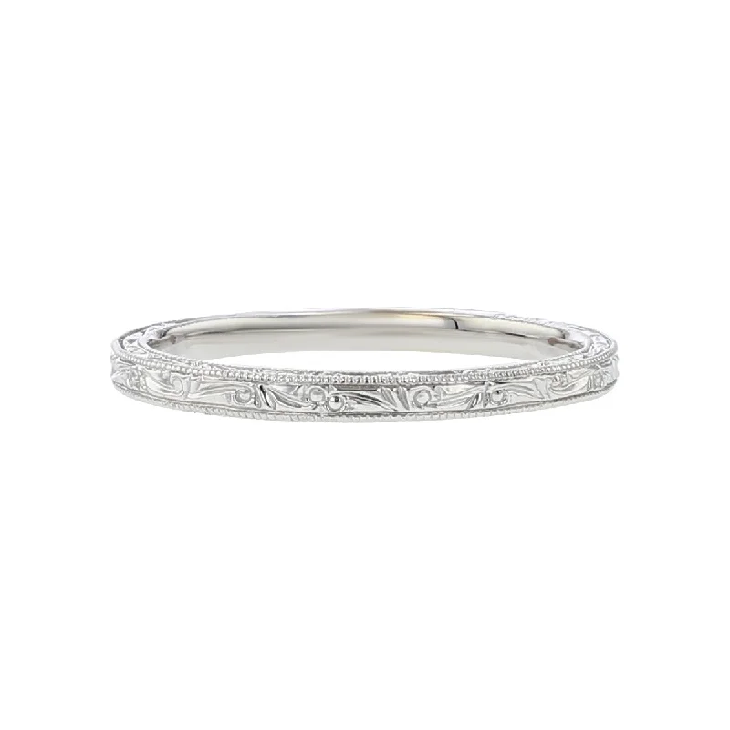 modern engagement rings for brides-18K White Gold Intricate Engraved Milgrain Wedding Band