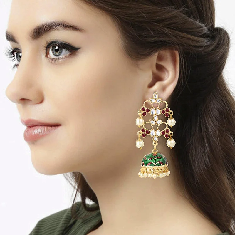 silver drop earrings for women-Etnico Women's Metal Gold Plated Metal and Pearl Jhumki Earrings (E2852MG)