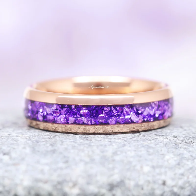 unique diamond engagement rings for women-Crushed Amethyst Wedding Band- 6MM Rose Gold Tungsten