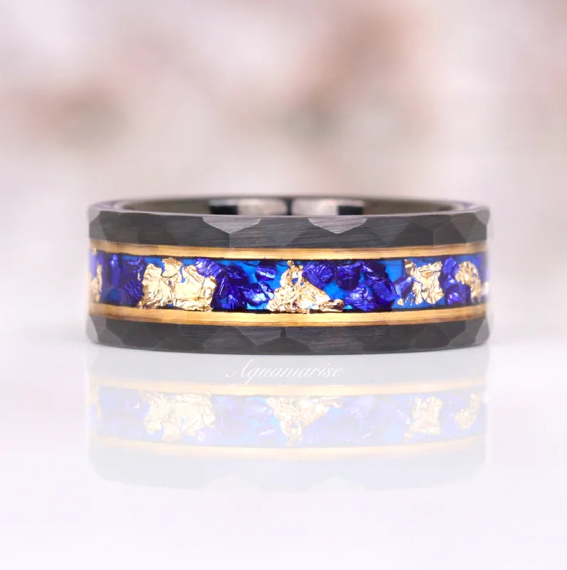 large sapphire engagement rings for women-Blue Sapphire & Gold Leaf Wedding Band- 8MM Hammered Black Tungsten