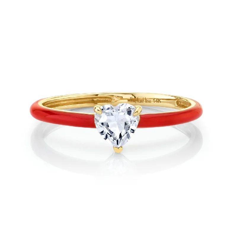 sapphire engagement rings for women-Heart Enamel Ring - White Topaz And Red Enamel / 14k Yellow Gold