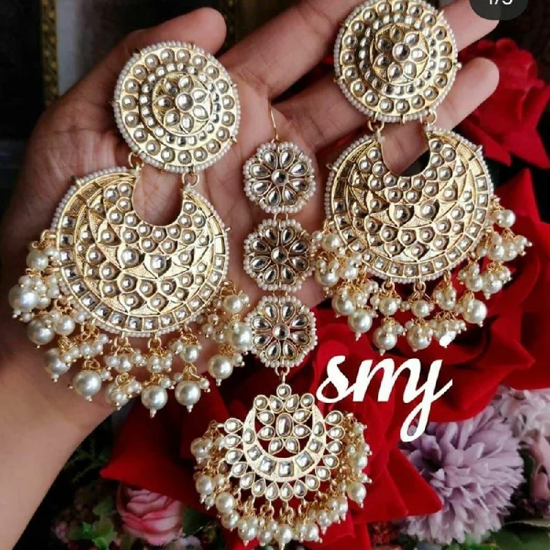 silver hoop earrings for women-Sai Fashion Gold Plated Kundan And Pearl Designer Dangler Earrings With Maang Tikka