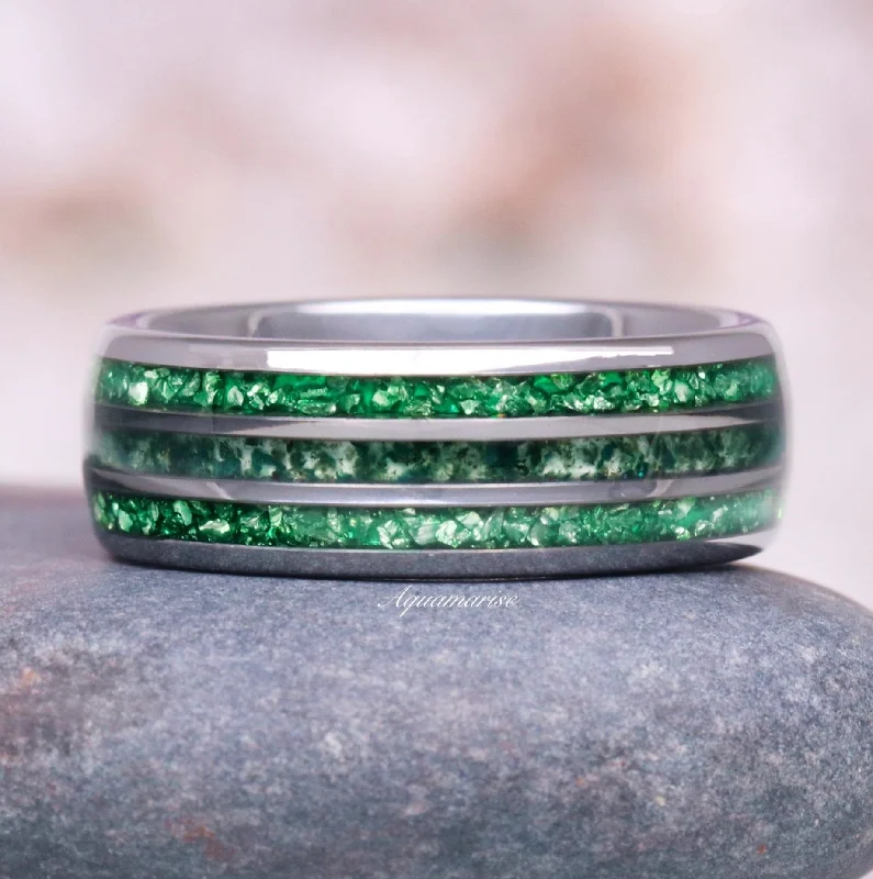 affordable engagement rings with diamonds for women-Moss Agate & Emerald Wedding Band- 8MM Tungsten