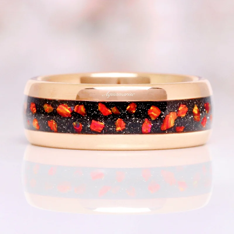 platinum engagement rings for women-Red Fire Opal & Starry Night Wedding Band- 8MM Rose Gold Tungsten