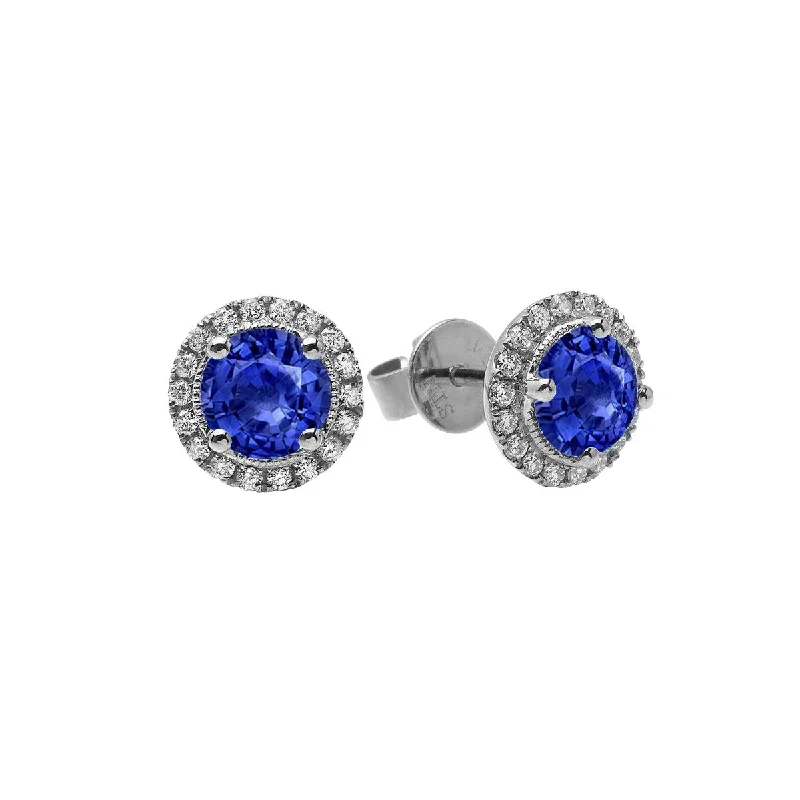 diamond earrings for women-Blue Sapphire 14K White Gold Stud Earrings with Diamonds