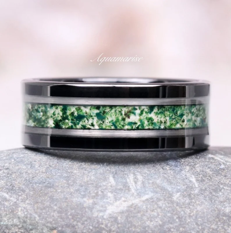 engagement rings with diamonds for women-Moss Agate Wedding Band- 8MM Black Tungsten