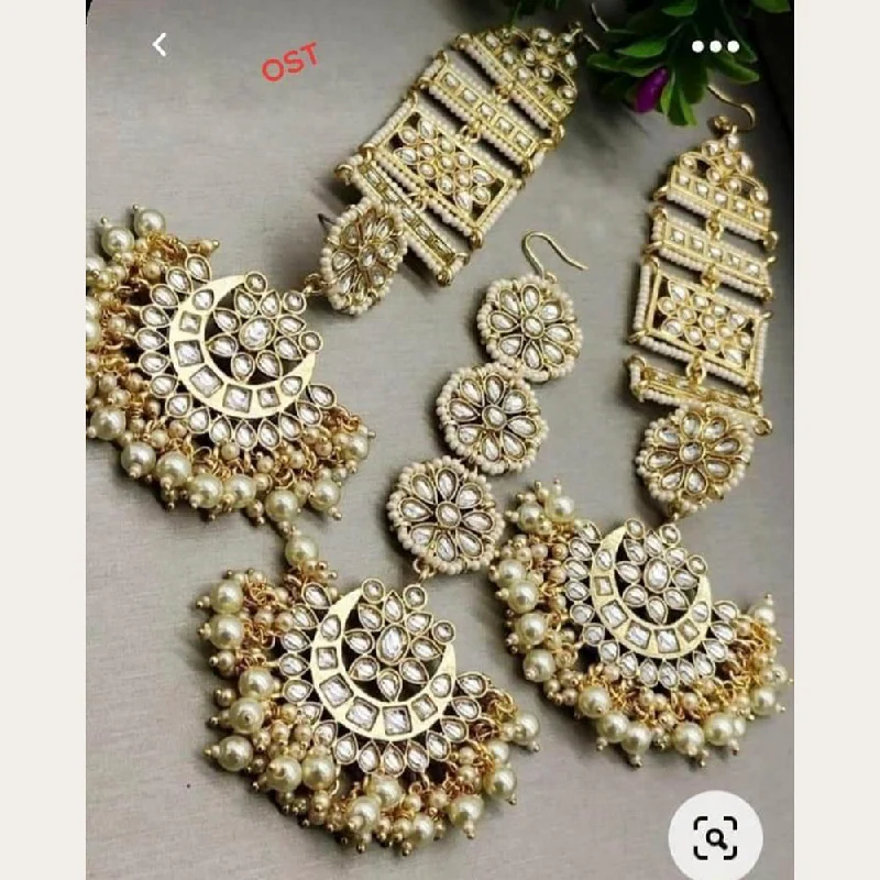 bridal earrings for women-Sai Fashion Gold Plated Kundan And Pearl Designer Dangler Earrings With Maang Tikka