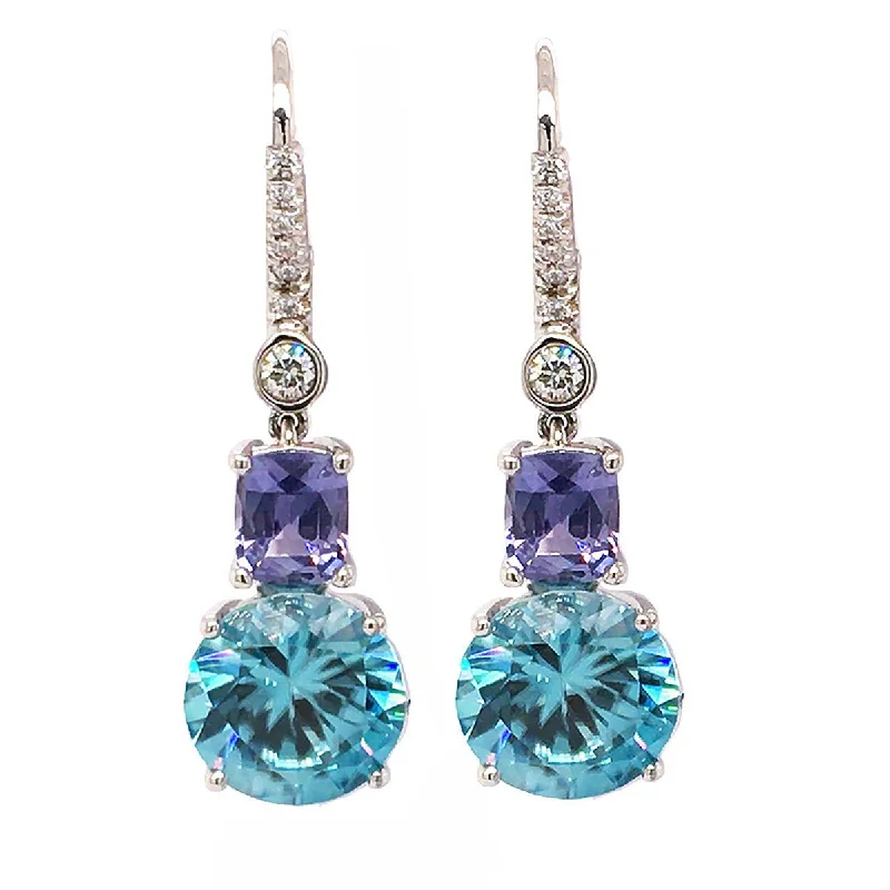 turquoise earrings for women-Zircon, Lavender Sapphire and Diamond Drop Earrings