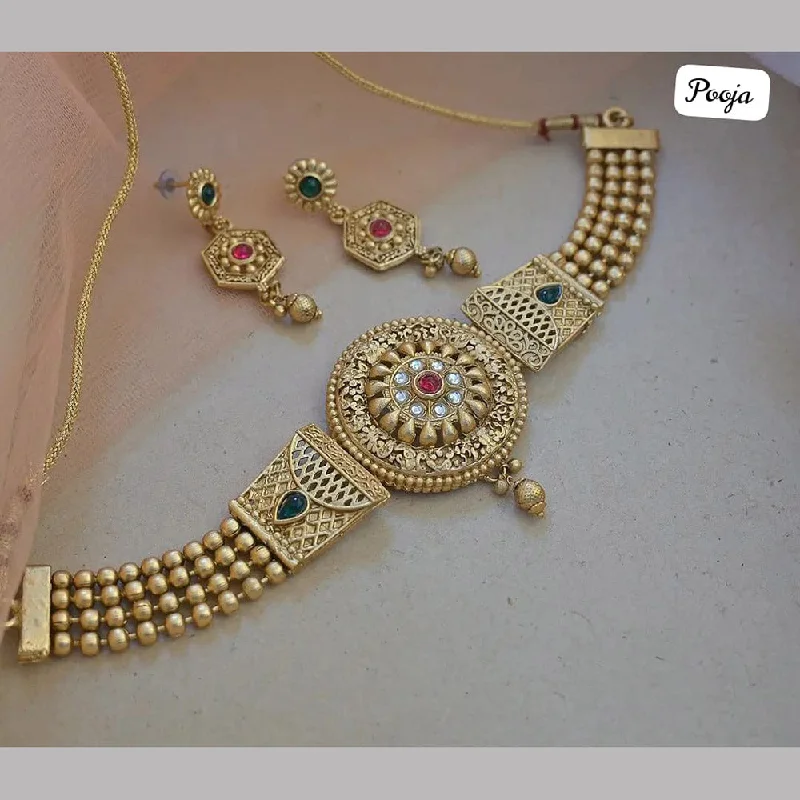 engraved gold necklaces for women-Pooja Bangles Gold Plated Pota Stone Necklace Set