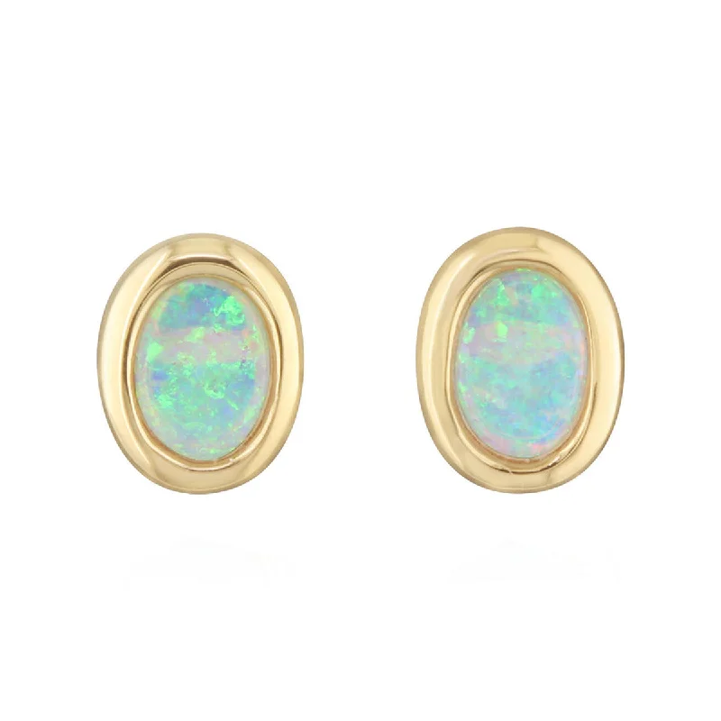 trendy earrings for women-14K Yellow Gold Oval Australian Opal Stud Earrings