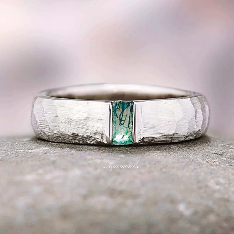 vintage-inspired diamond engagement rings for women-Hammered Moss Agate Wedding Band- 14K White Gold