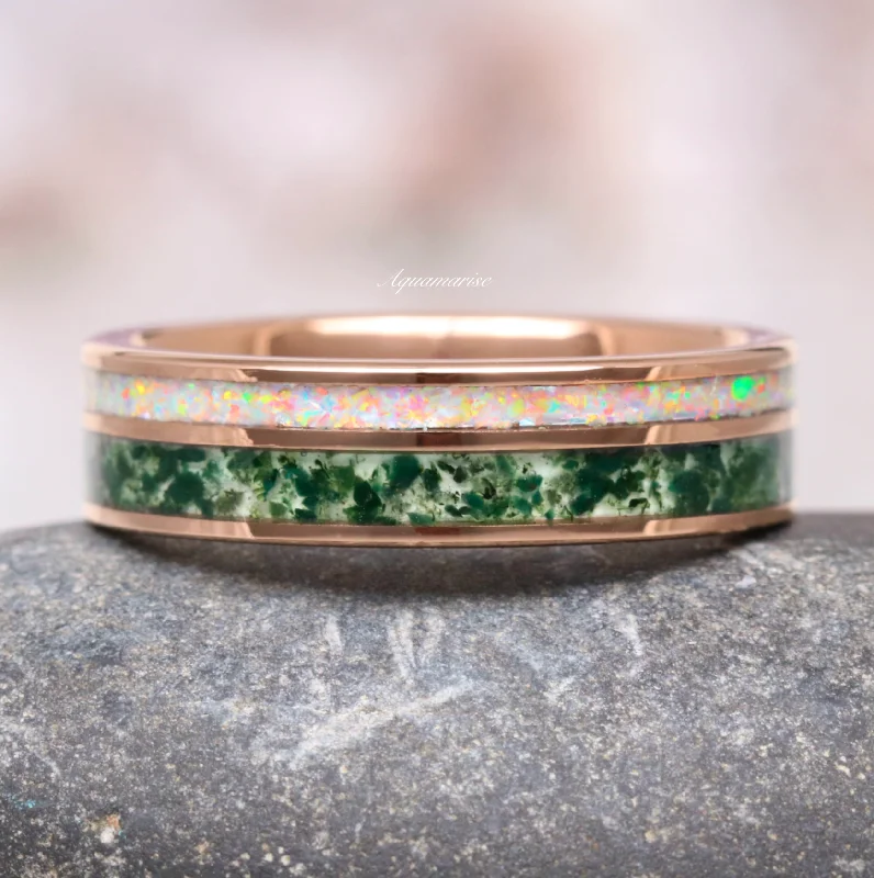 elegant diamond engagement rings for women-Moss Agate & Fire Opal Wedding Band- 6MM Rose Gold Tungsten