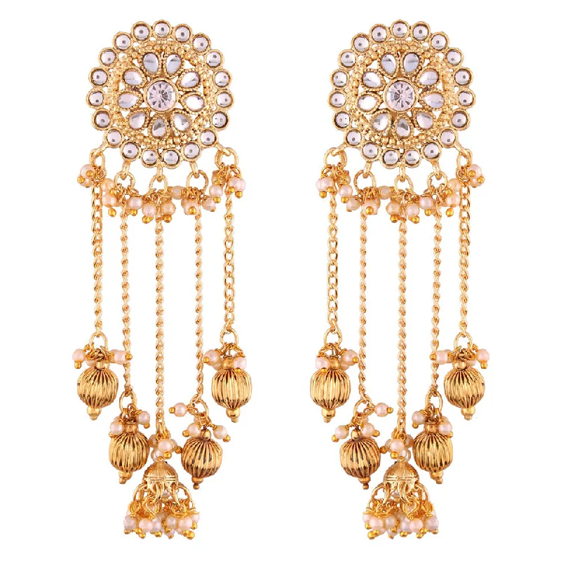 infinity stud earrings for women-Etnico Gold Plated Bahubali Kundan & Pearl Chain Jhumki Earring for Women (E2617W)