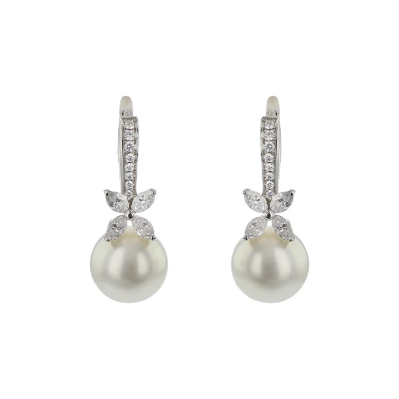 diamond drop stud earrings for women-White South Sea Pearl and Diamond Drop Earrings