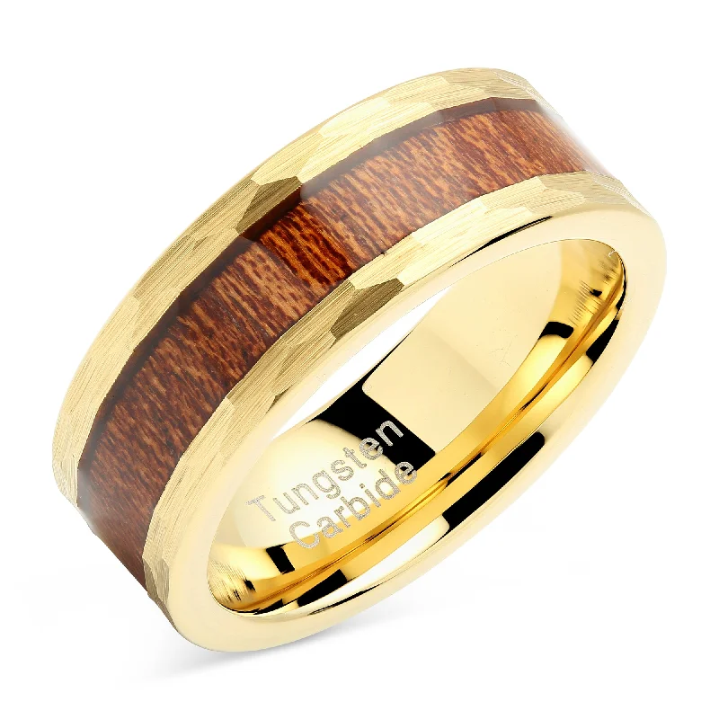 vintage engagement rings for women-100S JEWELRY Tungsten Rings for Men Women Wedding Band Gold Hammered Edge Wood Inlaid Sizes 8-15