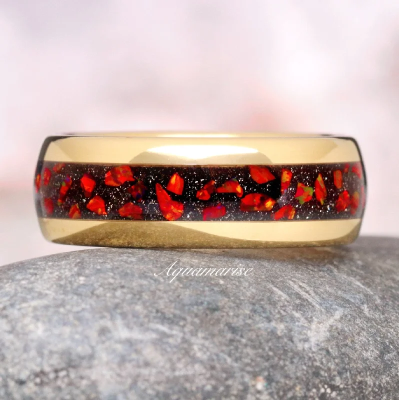 custom engagement rings for women-Red Fire Opal & Starry Night Wedding Band- 8MM Gold Tungsten