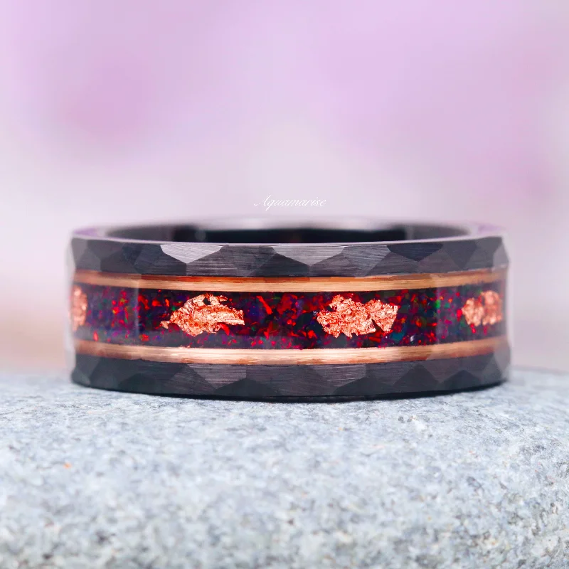 unique engagement rings with diamonds for women-Black Fire Opal & Rose Gold Leaf Wedding Band- 8MM Rose Gold/ Black Tungsten