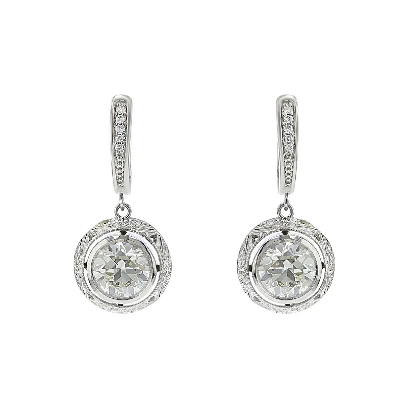 casual stud earrings for women-Edwardian Platinum Bezel Set Diamond Drop Earrings