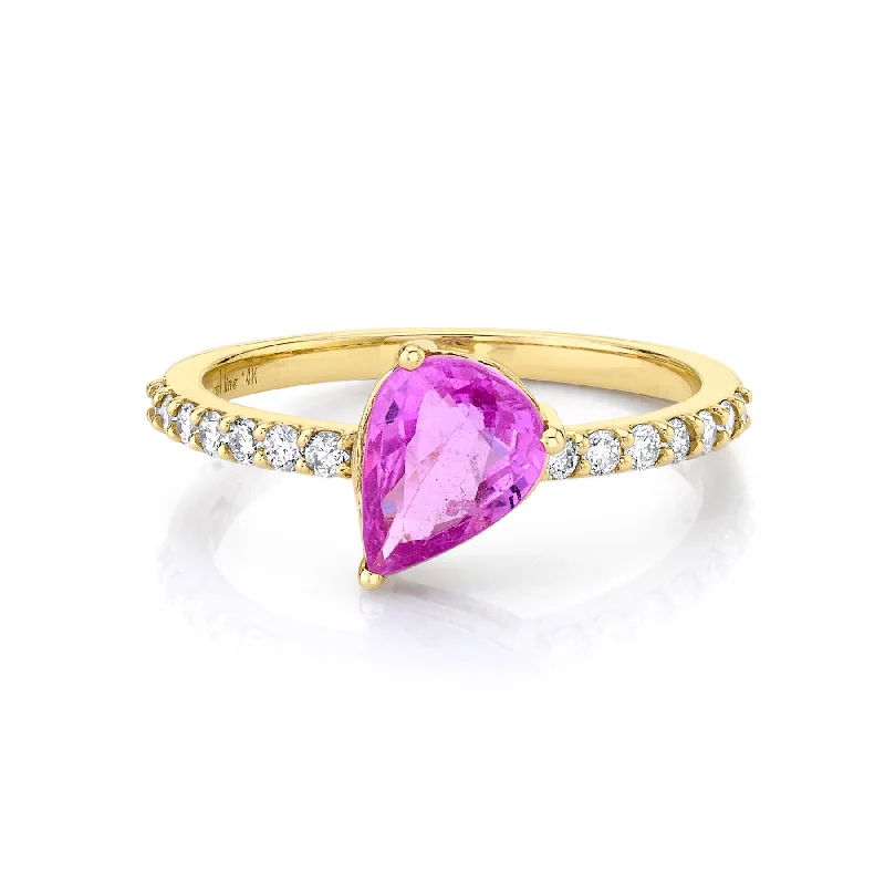 stackable rings for women-Pear Diagonal Set Band - Pink Sapphire / 14k Yellow Gold