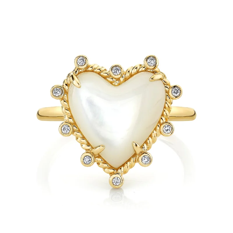 gold rings for women-Heart Twist Ring - White Diamond and Mother of Pearl / 14k Yellow Gold