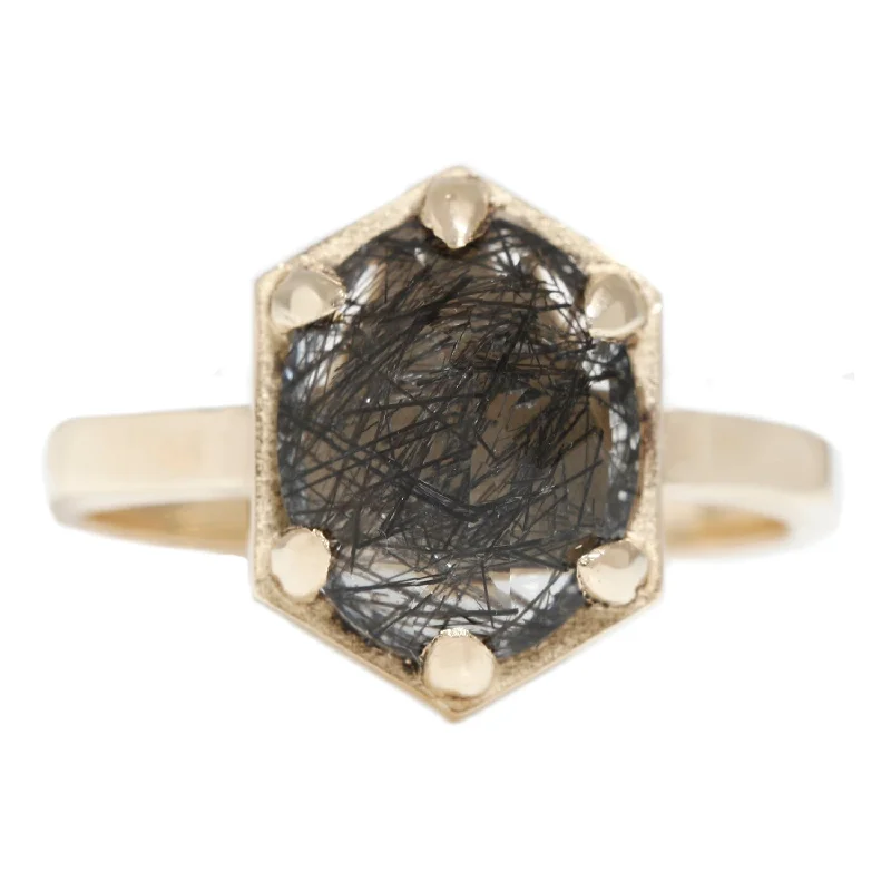 sapphire rings for women-Black Tourmalated Hexagon Quartz Ring