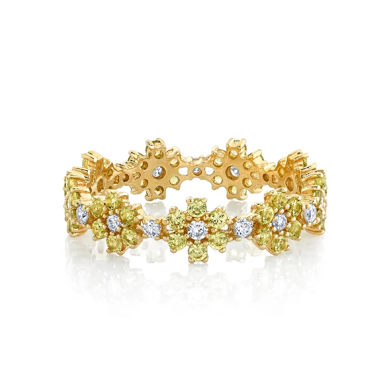 fashion rings for women-Flower Eternity Ring - White Diamond and Yellow Sapphire / 14k Yellow Gold