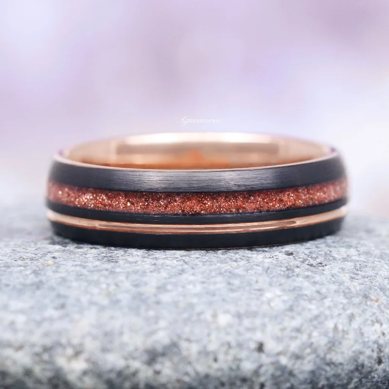 halo engagement rings for women-Solar Flare Orange Sandstone Wedding Band- 6MM Rose Gold/ Black Tungsten