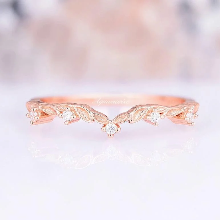 birthstone engagement rings for women-Filigree Leaf Simulated Diamond Wedding Band- 14K Rose Gold Vermeil