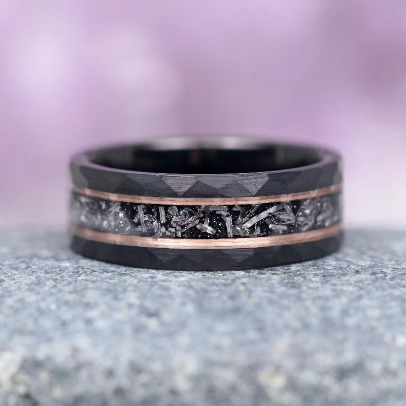 vintage inspired engagement rings for women-Galaxy Meteorite & Starry Hammered Wedding Band- 8MM Rose Gold/ Black Tungsten