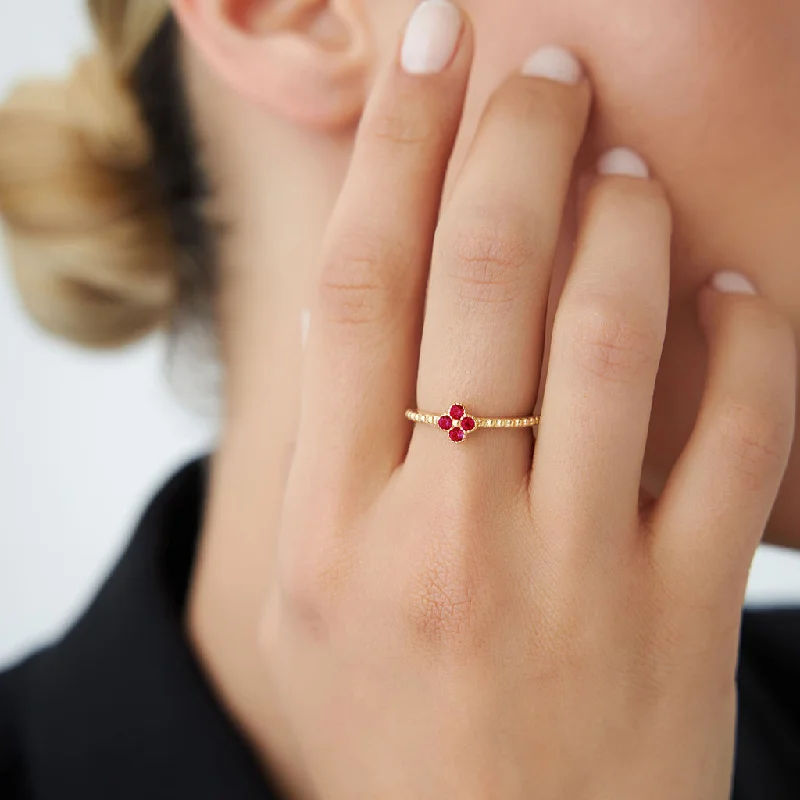 bridal set rings for women-18K Gold Clover Ruby Ring