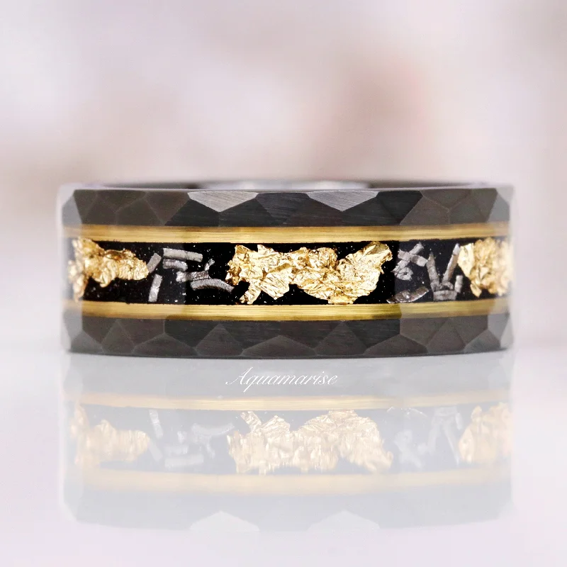 unique engagement rings with diamonds for women-Meteorite & Gold Leaf Wedding Band- 8MM Black Tungsten