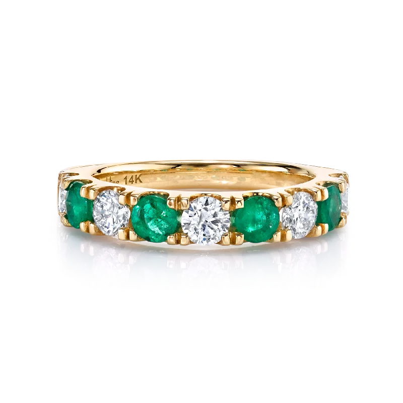 personalized gemstone rings for women-Classic Band - White Diamond and Emerald / 14k Yellow Gold