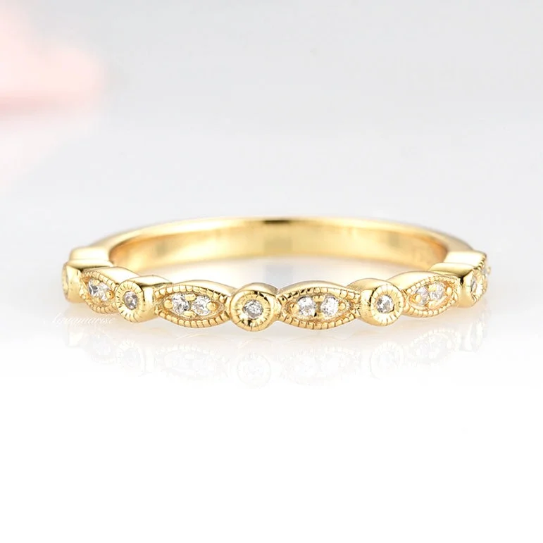 halo engagement rings for women-Luxe Vintage Diamond Wedding Band- 10K/ 14K/ 18K Solid Yellow Gold