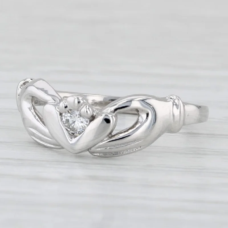 handmade engagement rings for women-Diamond Claddagh Ring 14k White Gold Size 5.25 Irish Wedding Band