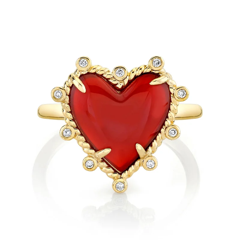 custom rings for women-Heart Twist Ring - White Diamond and Carnelian / 14k Yellow Gold