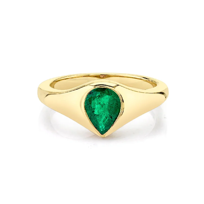 round cut engagement rings for women-Pear Flush Set Signet - Emerald / 14k Yellow Gold