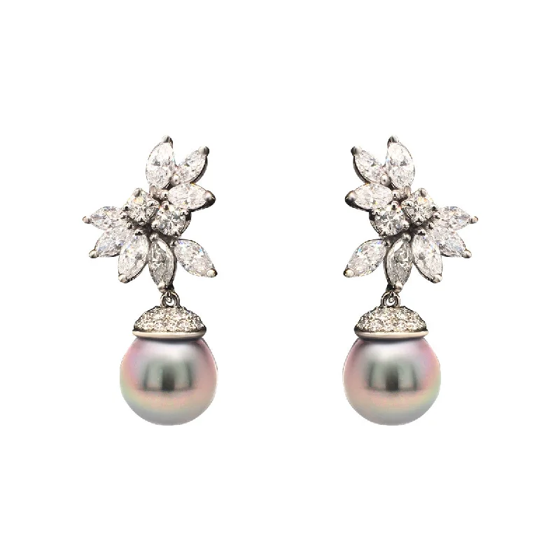 chic earrings for women-Platinum Tahitian Pearl and Diamond Drop Earrings