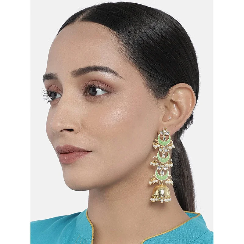 white gold earrings for women-Etnico 18K Gold Plated 3 Layered Long Jhumki Earrings With Mint Enamel Glided With Kundans & Pearls (E2788Min)